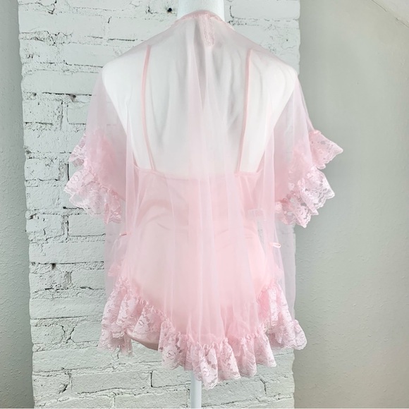 Alana Gale Intimates Nylon Pink Lace Ruffle Two Piece Teddy Robe Lingerie Set L - Picture 6 of 15